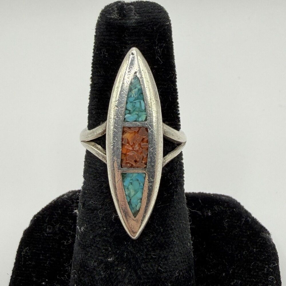 925 Sterling Silver Turquoise Coral Inlay Marquise Ring Size 5.25 5.4g